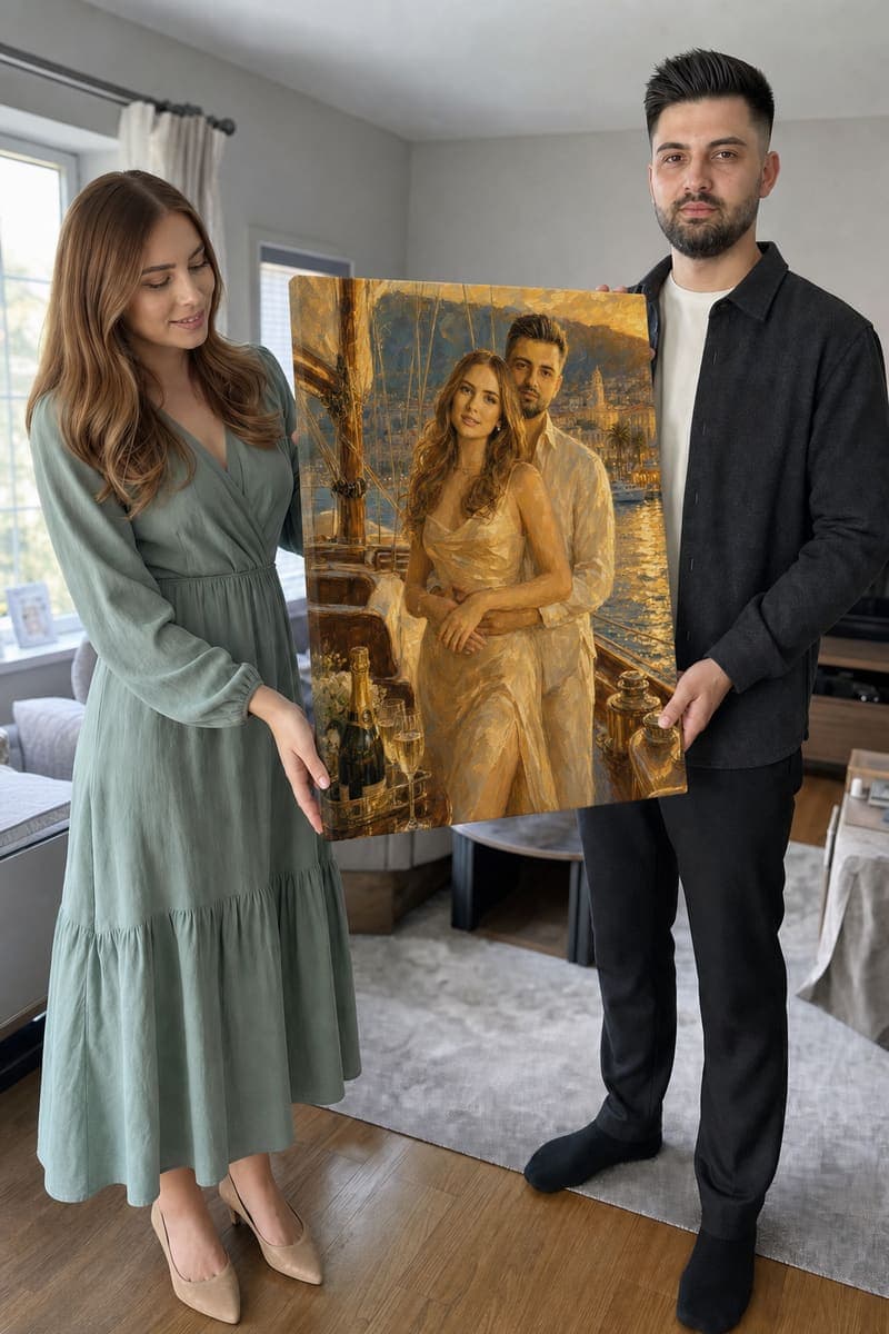 Customer with their delivered Riviera Yacht Sunset portrait
