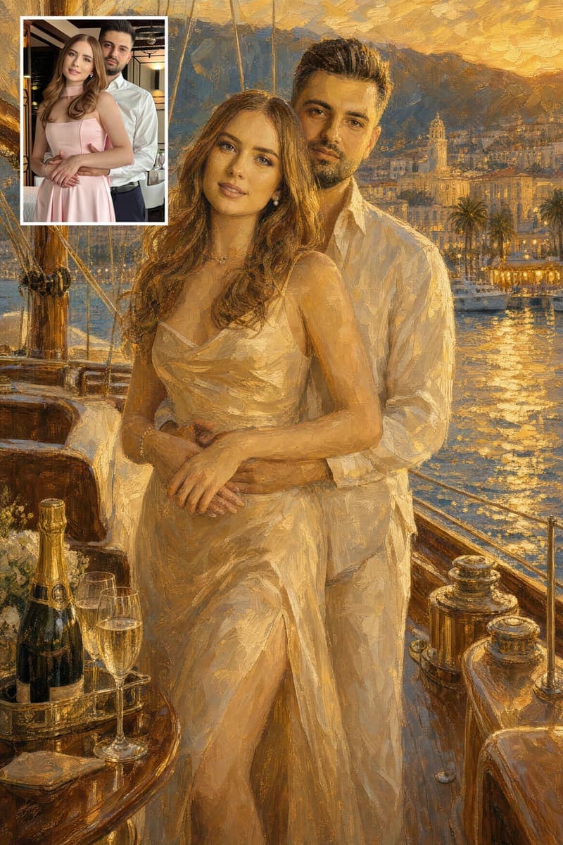 Before and after: a real customer's photo next to their Riviera Yacht Sunset portrait