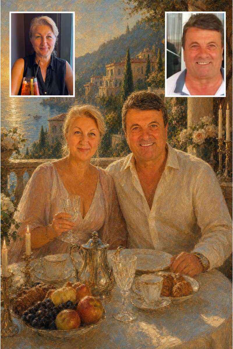 Before and after: a real customer's photo next to their Mediterranean Villa Breakfast portrait