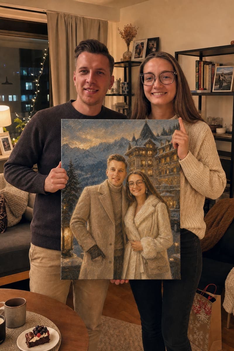 Customer with their delivered Swiss Alpine Resort portrait