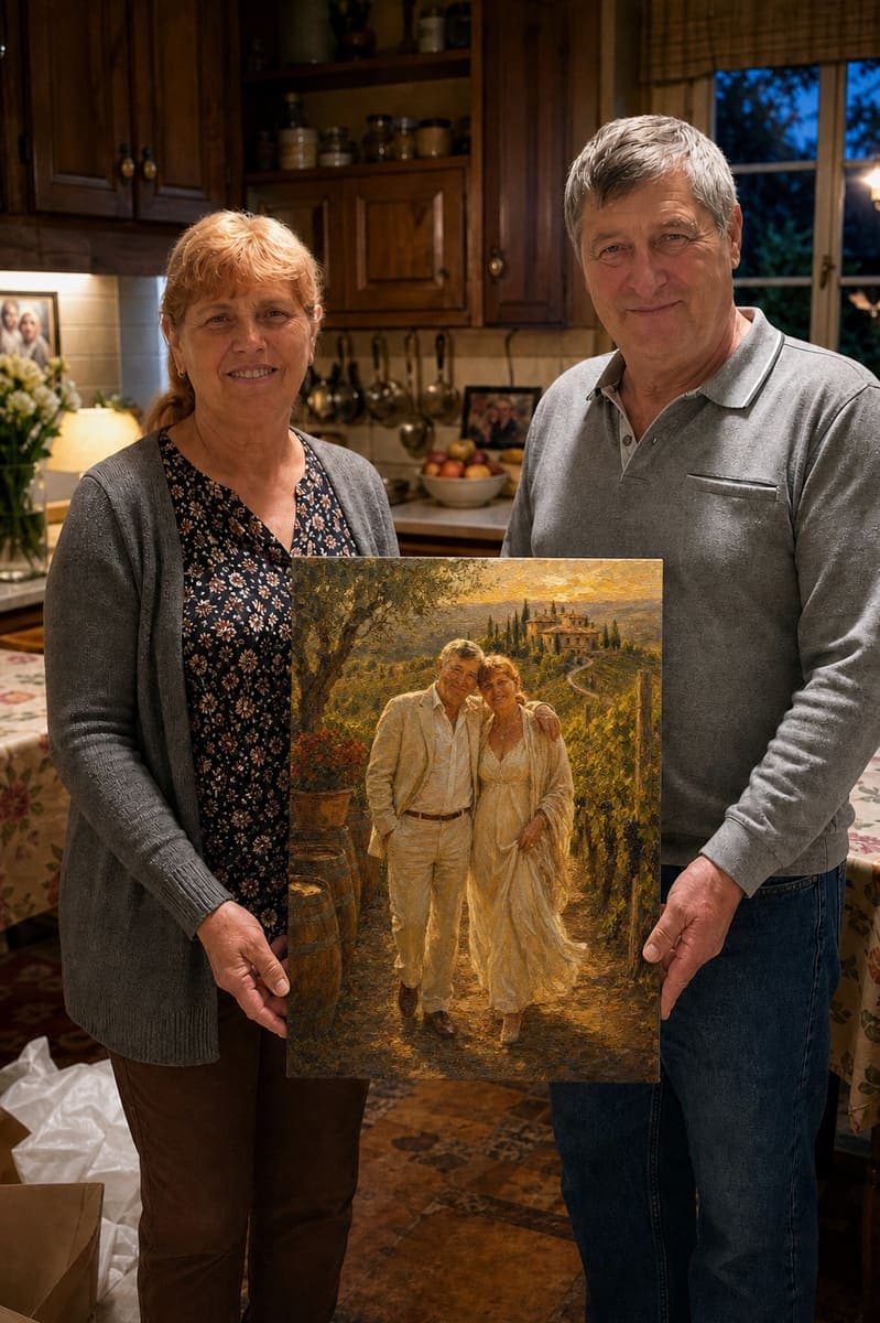 Customer with their delivered Tuscan Vineyard Harvest portrait