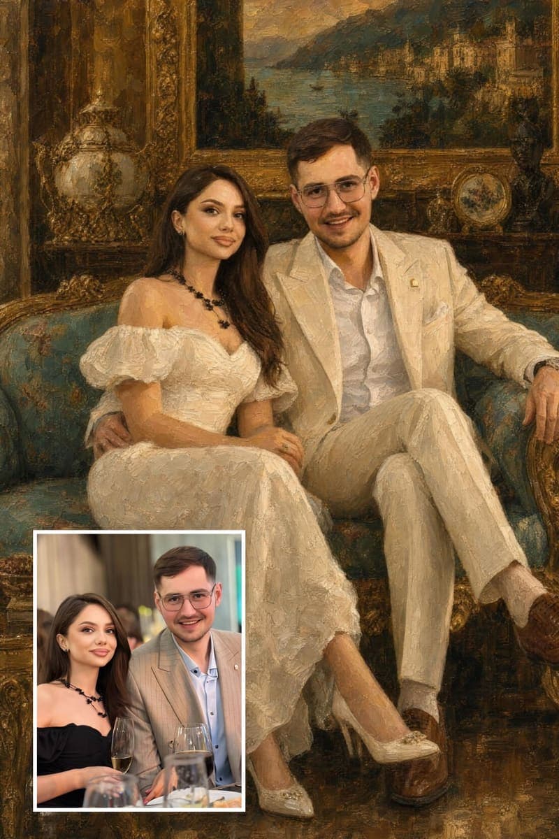 Before and after: a real customer's photo next to their Golden Sofa portrait