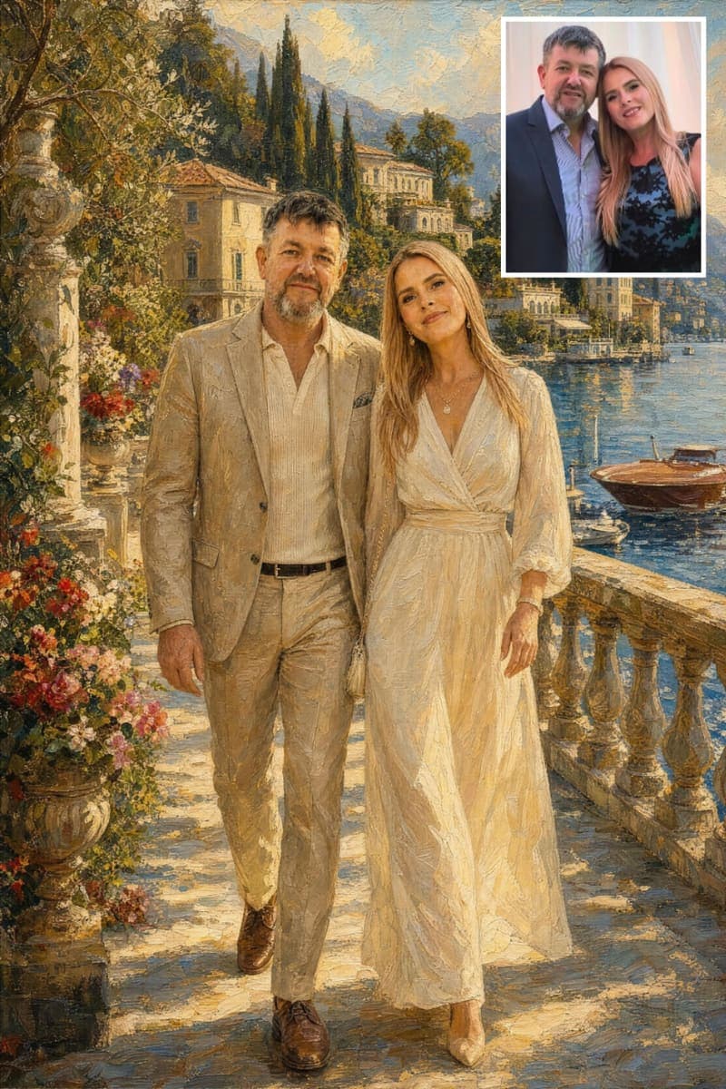 Before and after: a real customer's photo next to their Lake Como Promenade portrait