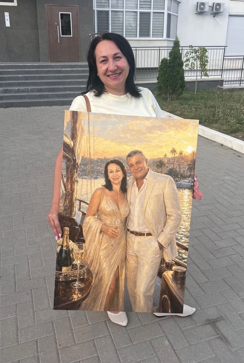 Customer with their delivered Riviera Yacht Sunset portrait