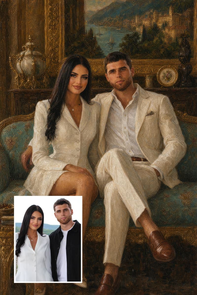 Before and after: a real customer's photo next to their Golden Sofa portrait