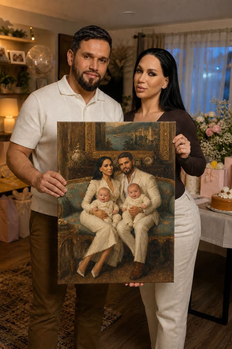 Customer with their delivered Golden Sofa portrait