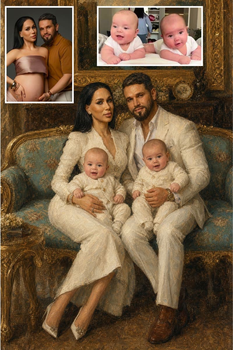 Before and after: a real customer's photo next to their Golden Sofa portrait
