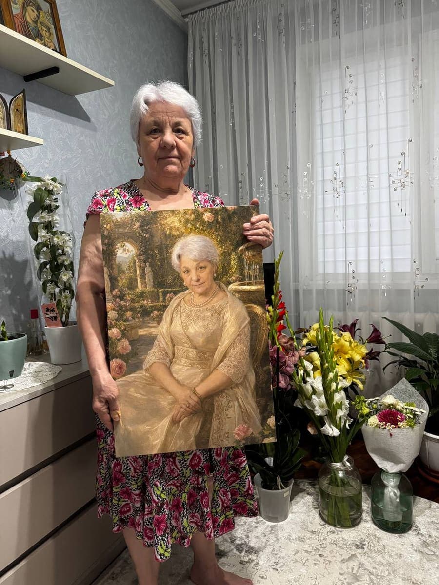 Customer with their delivered Fountain Garden portrait