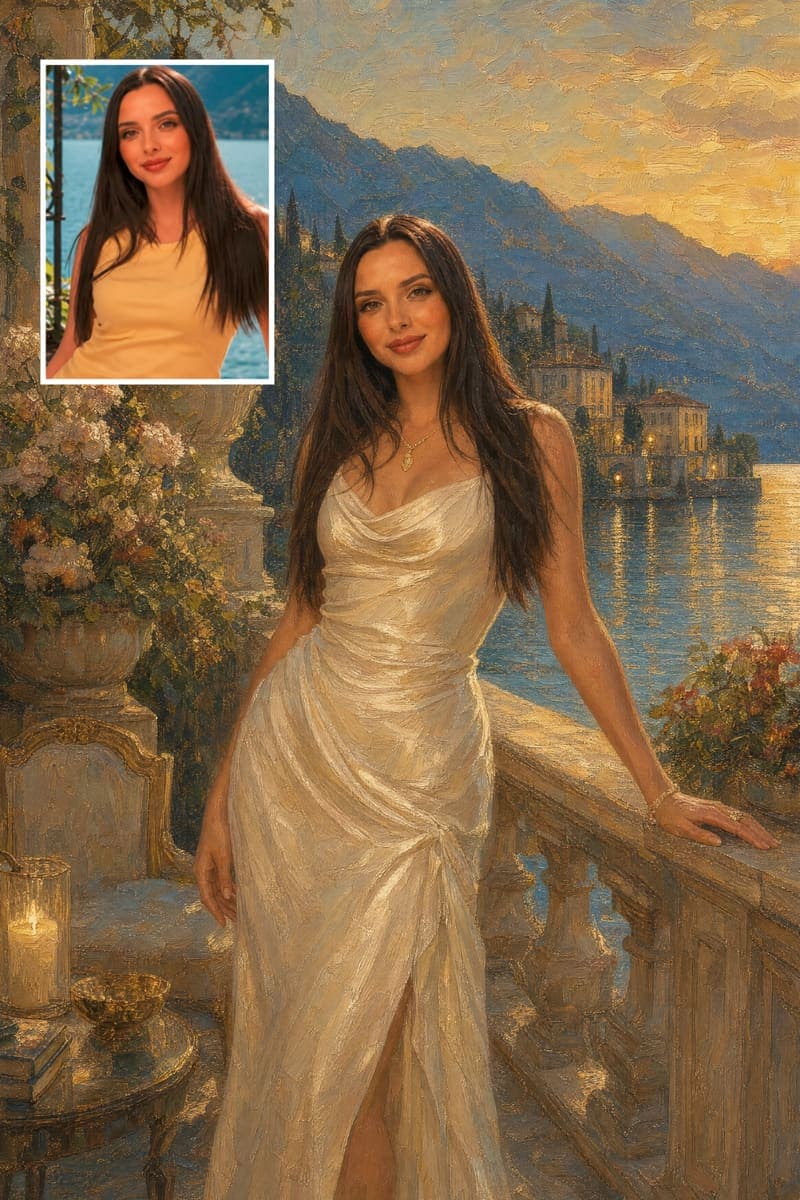 Before and after: a real customer's photo next to their Lake Como Terrace portrait