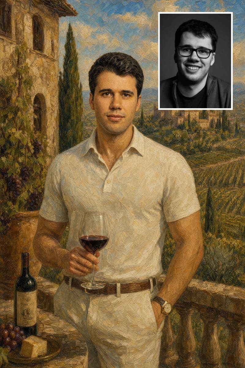 Before and after: a real customer's photo next to their Tuscan Vineyard portrait