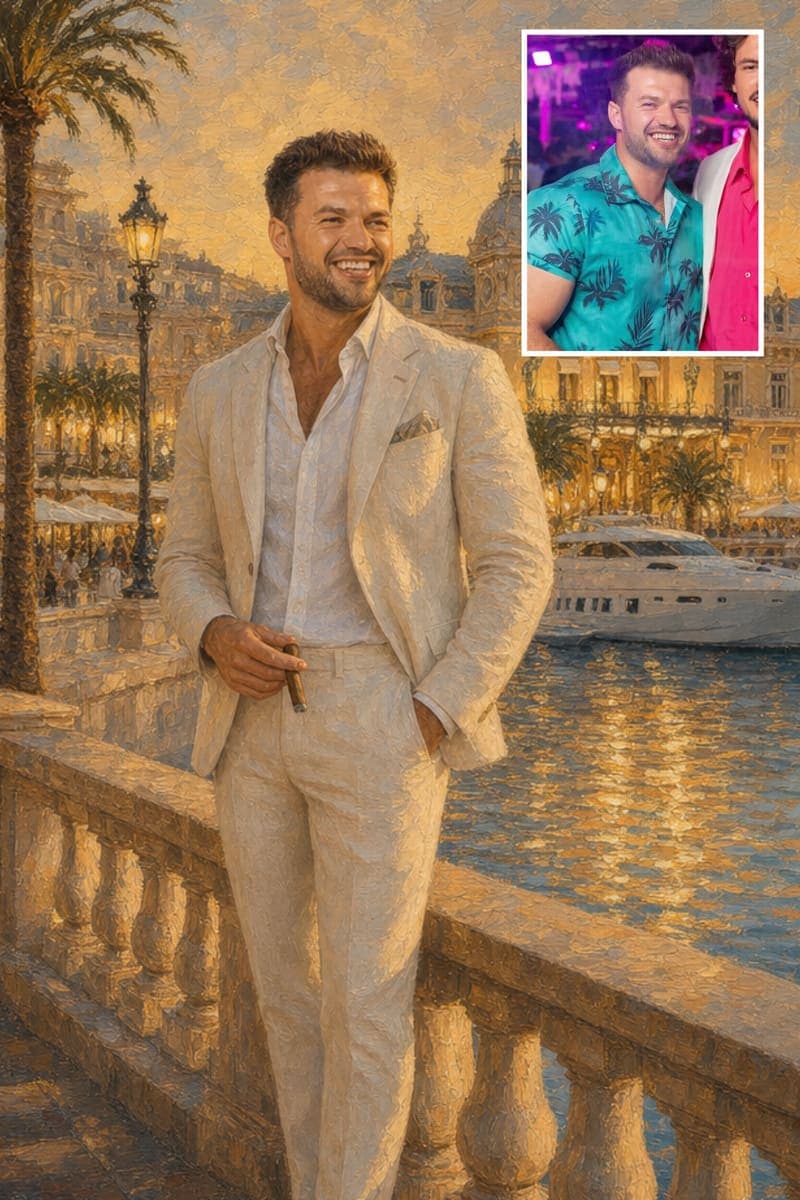 Before and after: a real customer's photo next to their Monte Carlo Marina portrait